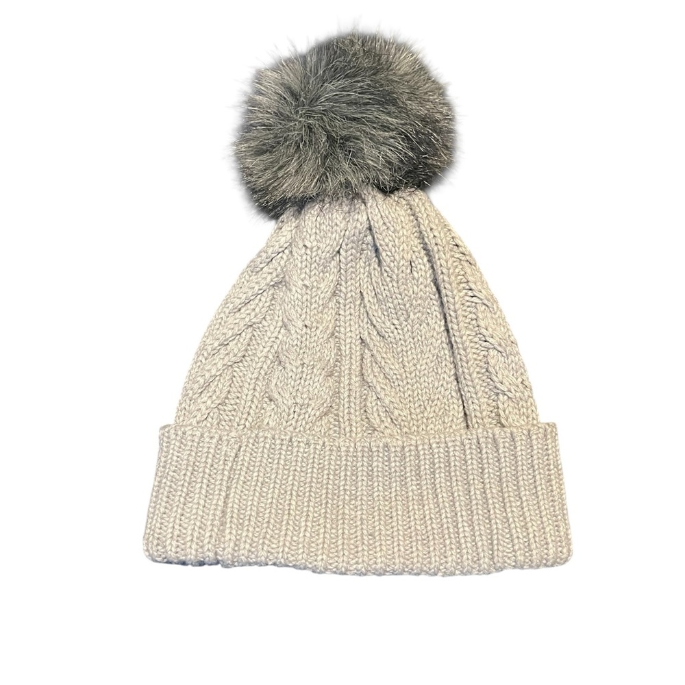 Michael Kors Cream Cable Knit Pom Beanie with Gray Faux Fur Pom